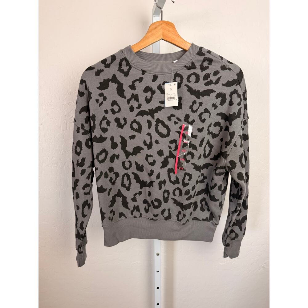NWT Mighty Fine Gray Black Leopard Bat Print Sweatshirt Women’s XXS